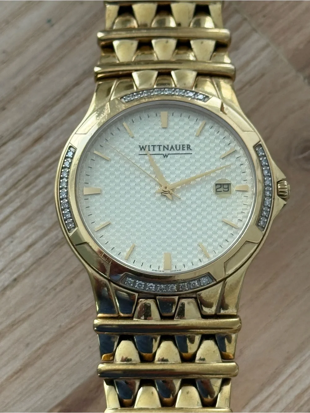 Wittnauer Rare Diamond Vintage Men’s Watch Gold Dial Bracelet Case Date Window